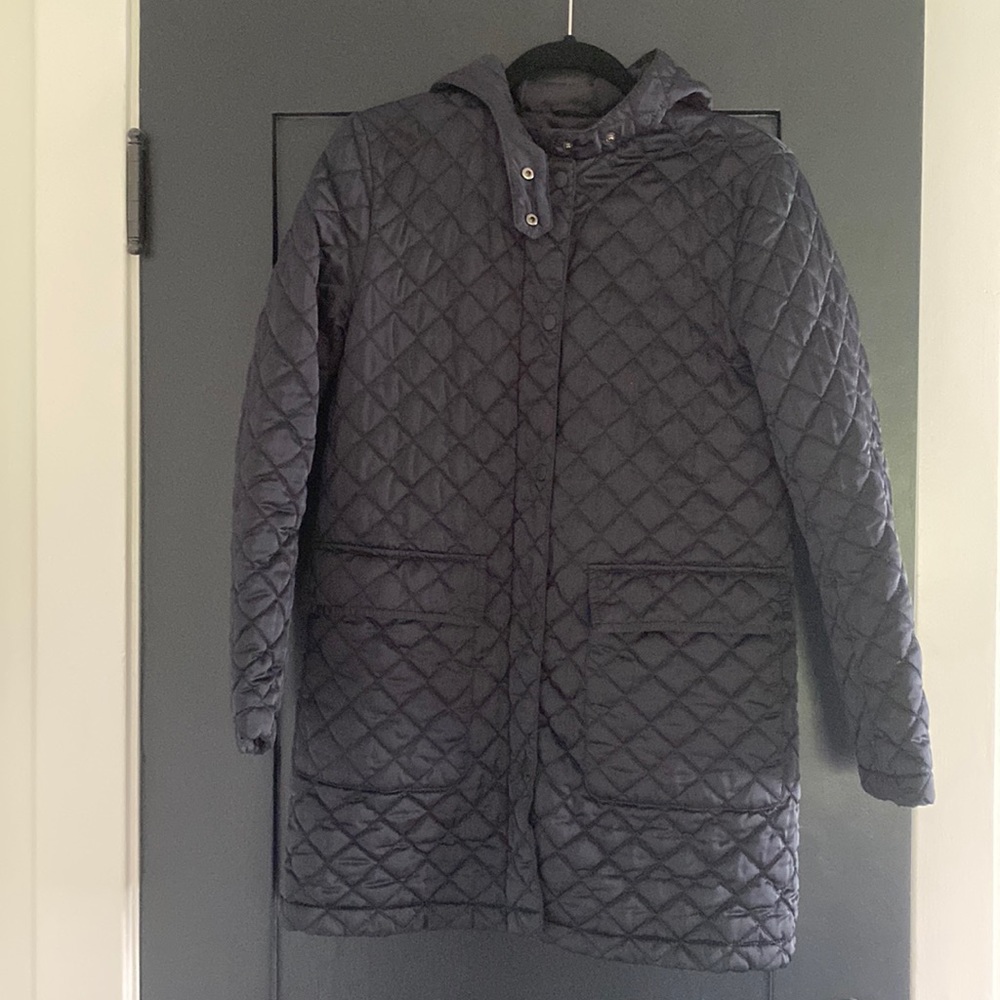 Cozy Women’s Black Zara Quilted Hooded Mid Length Jacket Sz M